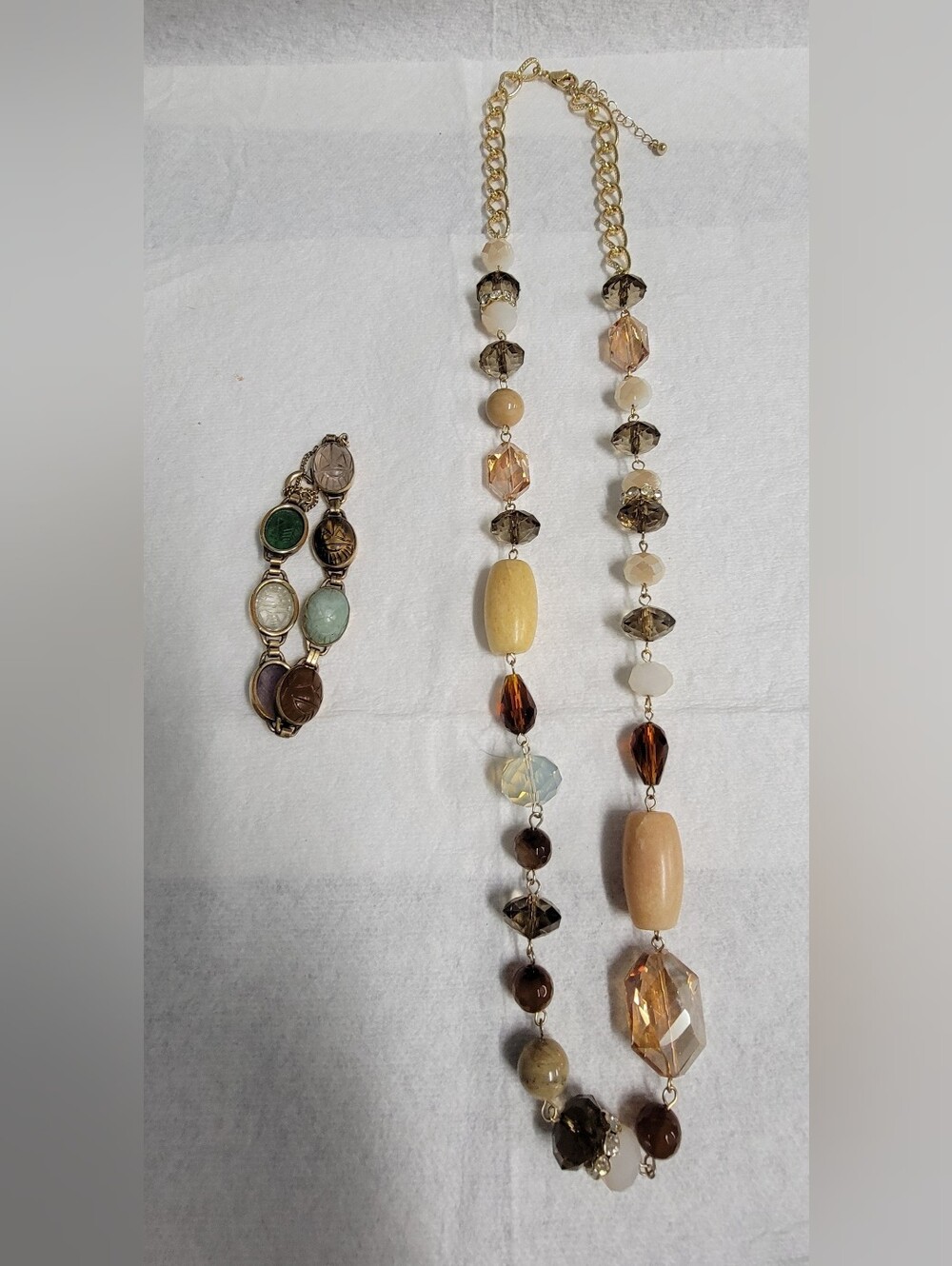 Vintage Scarab Bracelet and Earth Tone Beaded Necklace Set
